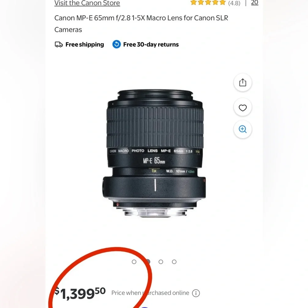 Canon MP-E 65mm f/2.8 1-5X Macro Lens for Canon SLR Cameras